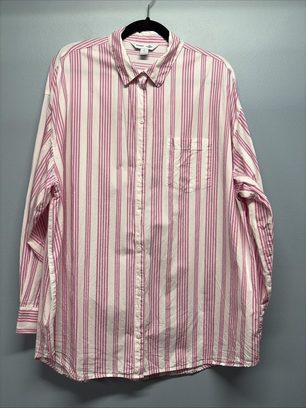 Old Navy The Boyfriend Shirt Long SLV Pink Striped/Sz Large Tall /100% Cotton